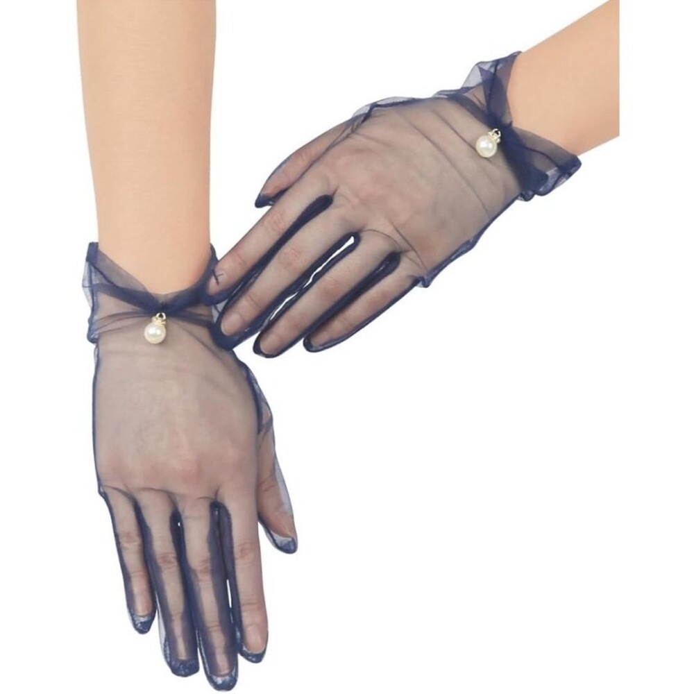 Women's Navy Blue Evening Pearl Short Gloves Wedding Dance Party Tea Accessories